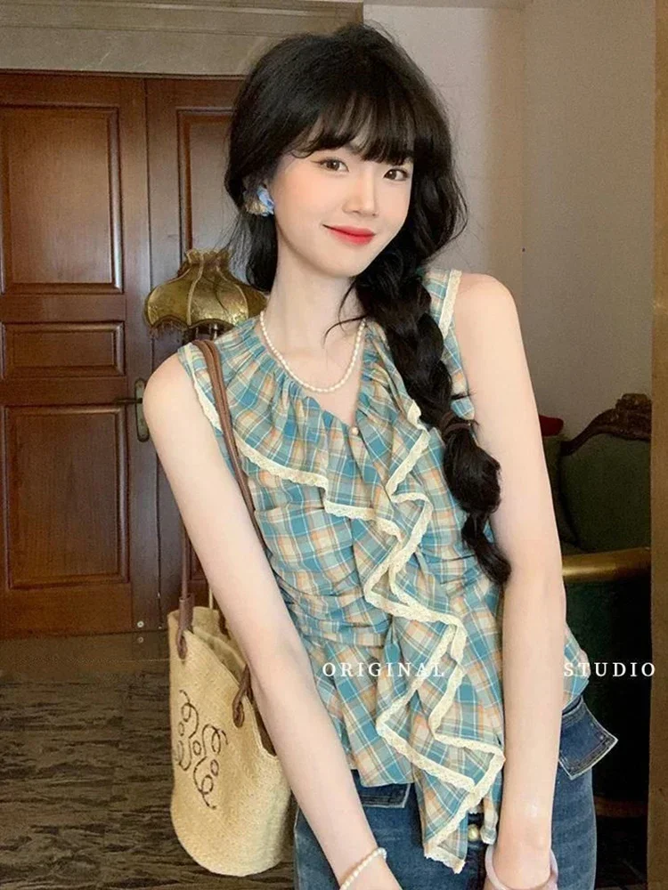 

2025 Korean Design Female Sweet Spring Summer Tops New V Neck Ruffles Plaid Shirt Women Elegant Slim Sleeveless Vintage Blouse