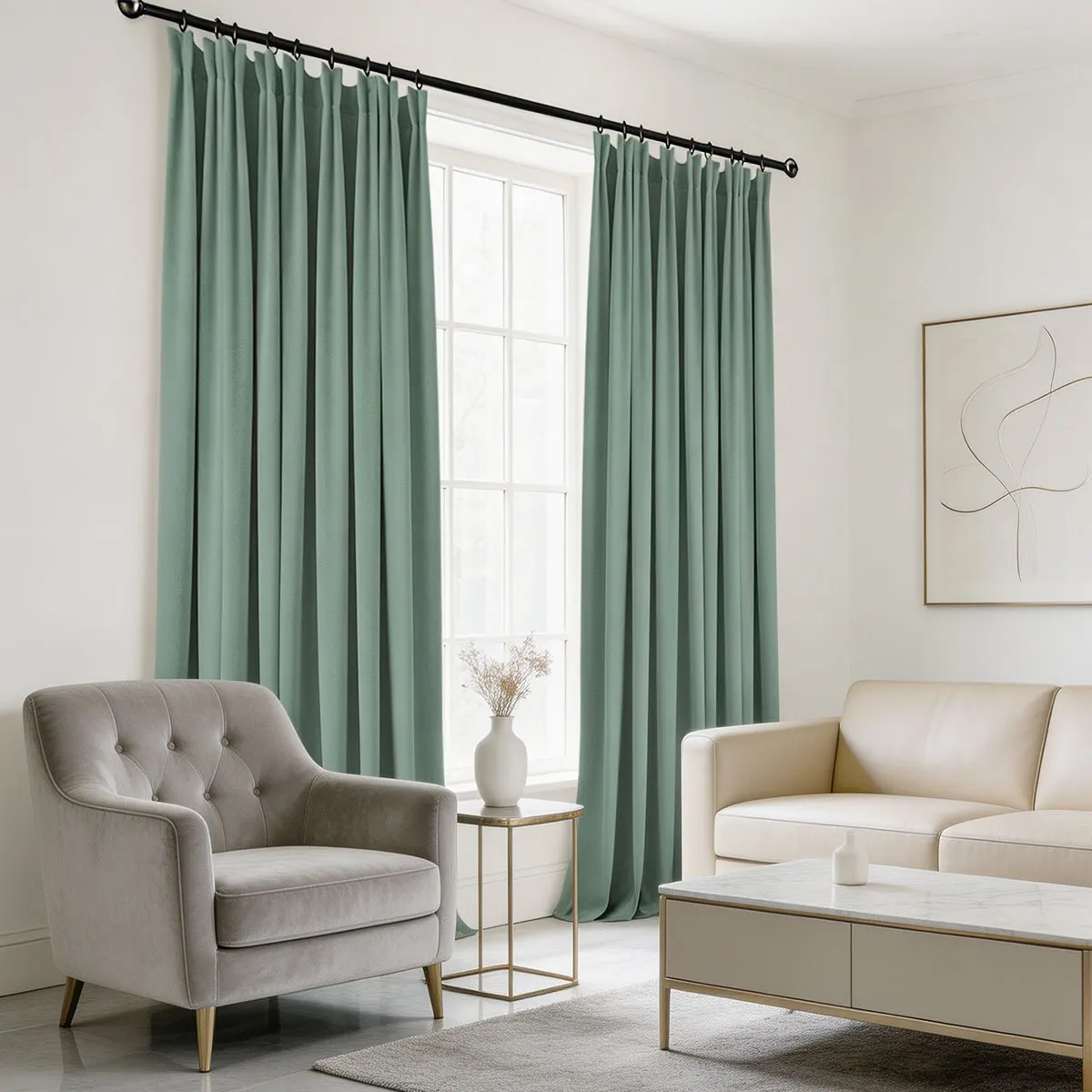 Dusty Teal Green Velvet Blackout Curtains 2‑Pack, Pinch Pleat Hook Top Drapes for Bedroom Living Room Home Decor