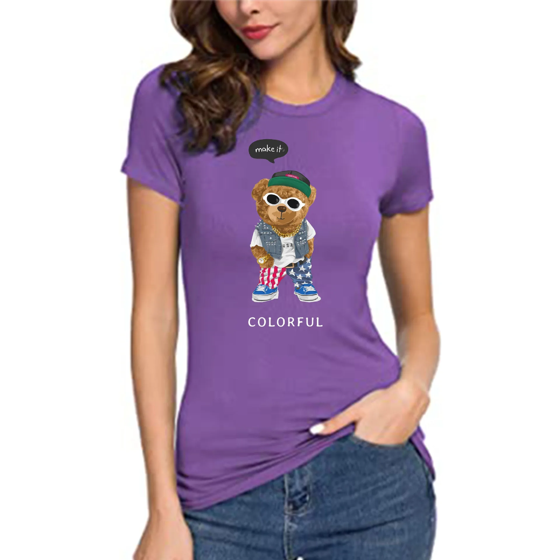 100% Cotton Trend Sunglasses Bear T-shirt Summer 2022 Top T-shirt Women's Short Sleeve O-neck T-shirt Unisex Oversized T-shirt