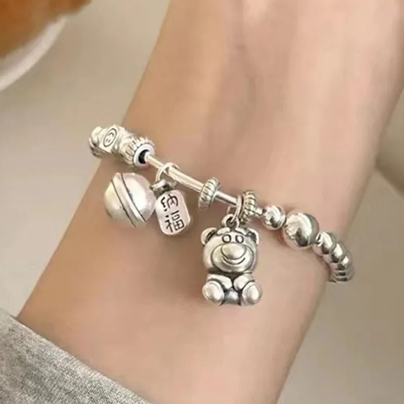 New Style Sweet Bear Animal & Lucky Bell Thai Silver Female Charm Bracelet Jewelry  For Women Birthday Gifts
