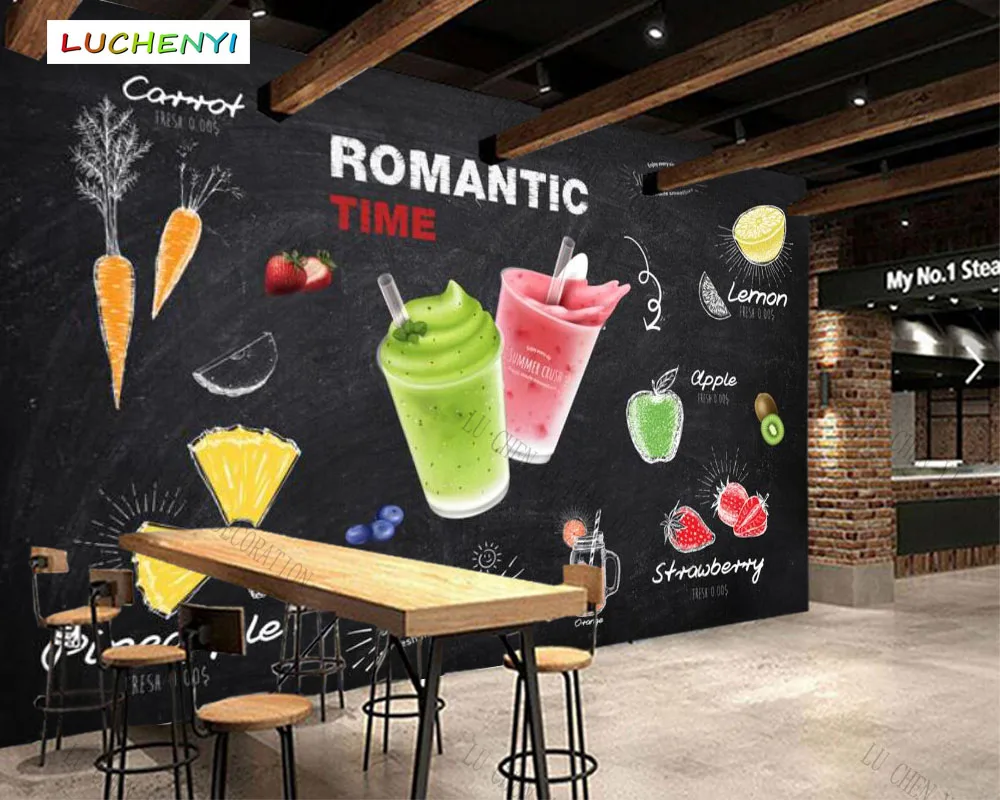 

Papel de parede custom fruit smoothie juice 3d wallpaper mural,cool drink restaurant juice shop dining room wall papers sticker