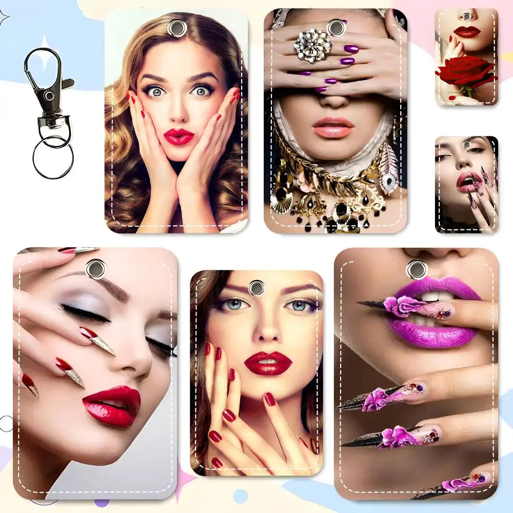 1pc Beauty Salon Nail Shapes Guide Card Case Keychain Access Card Bag Key Tag Ring Leather Card Holder Key Ring Access