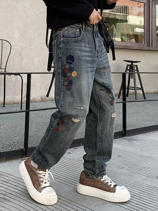 

Retro Waed Embroidered Men's High Street Faion Loose Harlan Jeans Versatile Long Trousers Autumn 2025 New Arrival