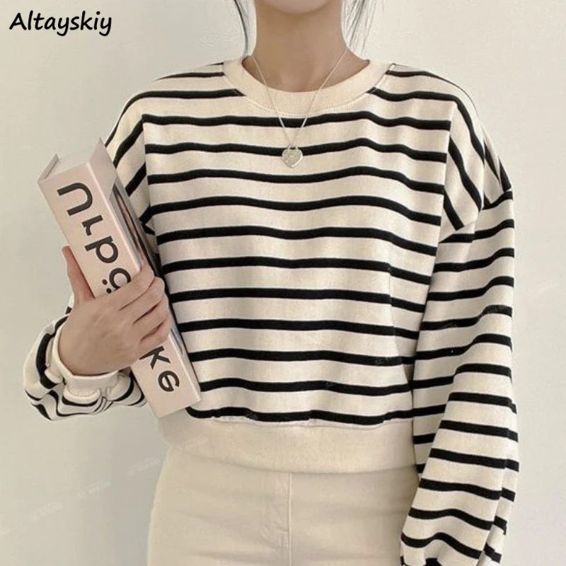 

Striped Sweatshirts Women Loose Casual Autumn Streewear O-neck All-match Personality Teens Ulzzang Vintage Long Sleeve Clothes