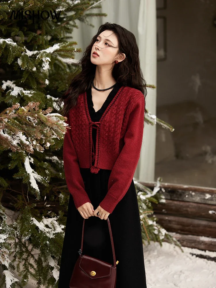 MISHOW Red Knitted Cardigan V-Neck Midi Dresses Separately A-LINE Temperament Grace Dress Flower Lace-up Warm Coat MXD58L2085