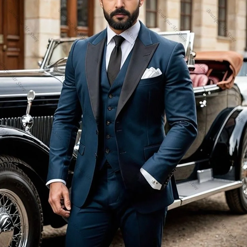 

Navy Blue Men Suit Single-breasted Peak Lapel 3 Pieces(Jacket+Pants+Vest) Male Formal Wedding Party Set