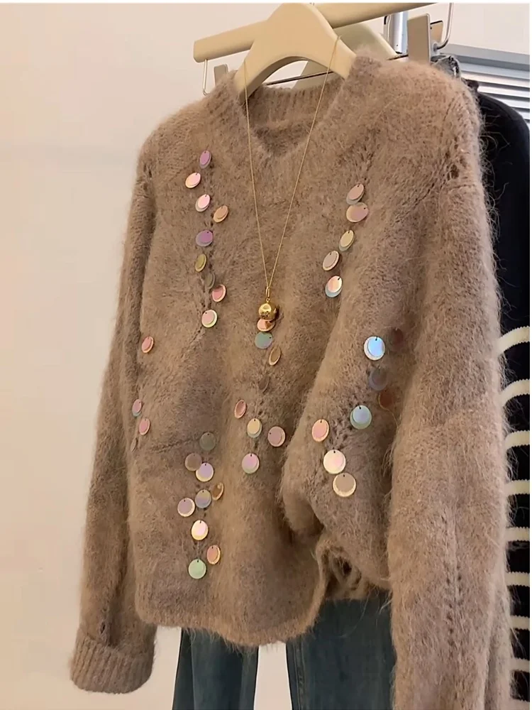 스팽글 여성 니트 스웨터 헤비 인더스트리 디자인 레이지 슬레 레트로 소프트 라운드 넥 스위트 슬레 겨울 2024