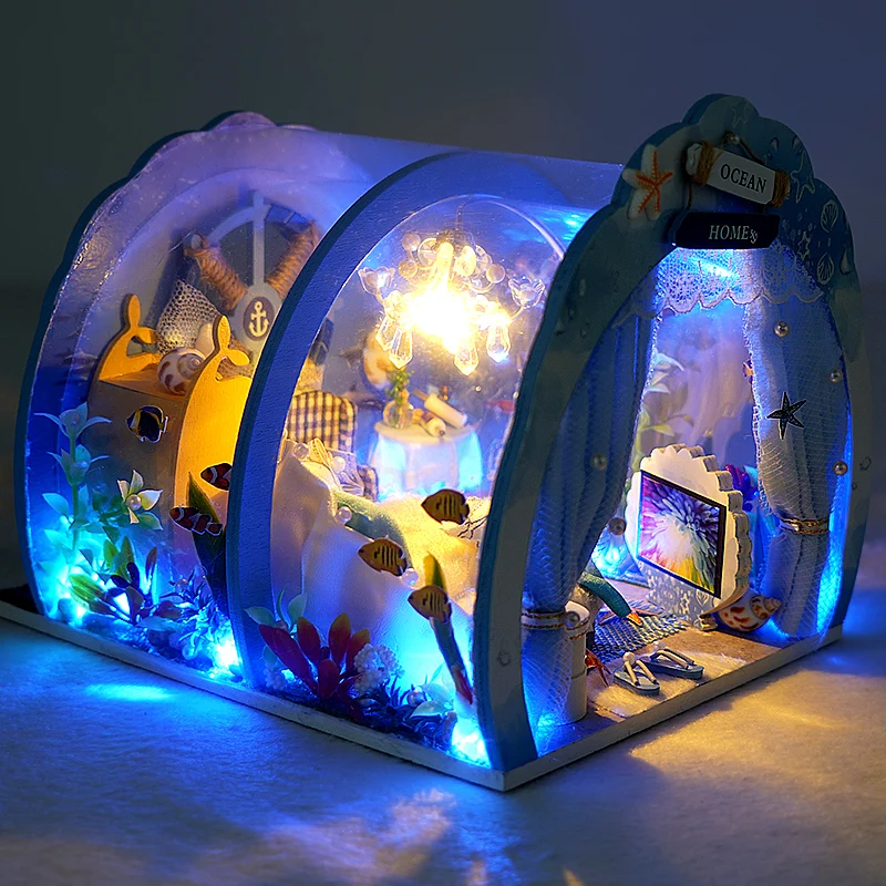 Ocean Room Dollhouse DIY Miniature Furniture Kit with Light Fish Assembled 3D Model Casa Doll House for Children Adult Gifts
