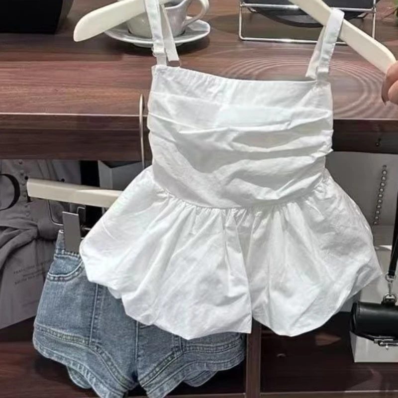 100-160cm Girls' Summer New Korean Version Clothing Set, Sweet Ruffled Hem Skirt Top, Blue Denim Shorts Set for Baby Girls