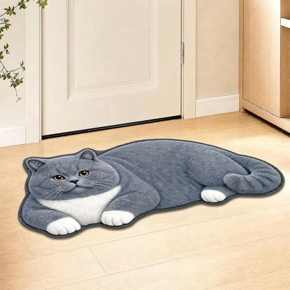 Creative Crystal Velvet Cat-Shaped Area Rug 2D Soft Entryway Floor Mat Anti-fouling Washable Bedside Door Mat Home Decor
