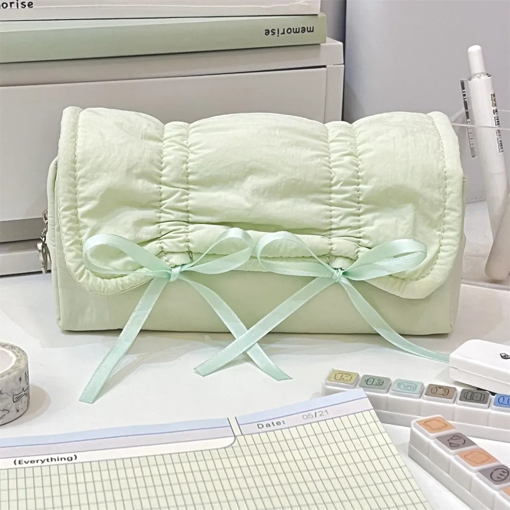 

Bow Drawstring Pen Bag Solid Color Canvas Pencil Case Large Capacity Stationery Storage Pouch Student Back To School Accessory