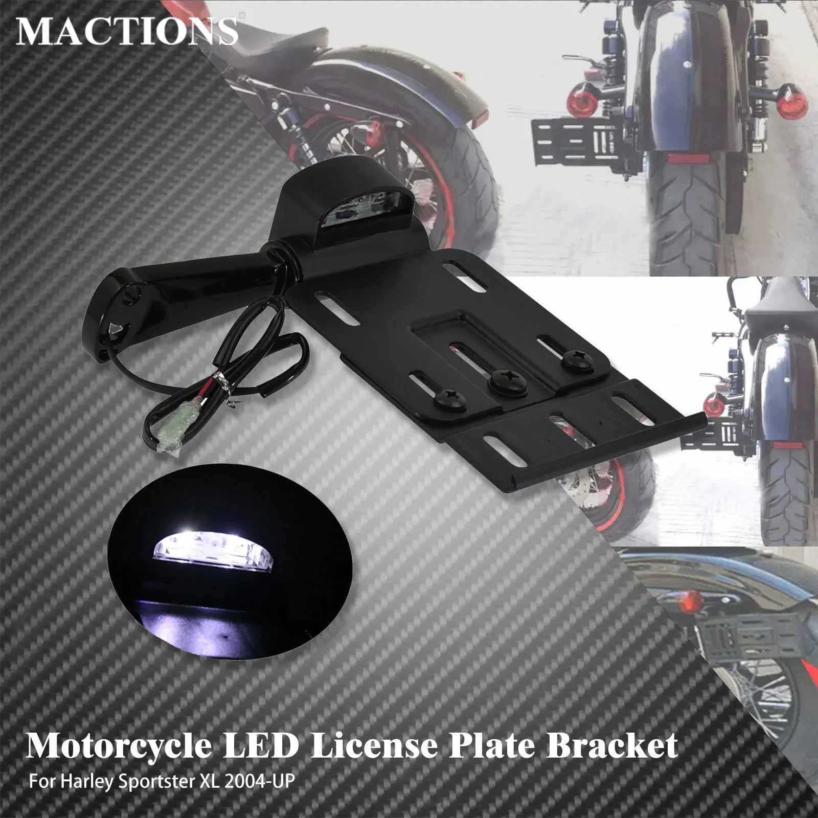 Motorcycle License Plate Holder Folding LED Light Telescopic Mount Bracket For Harley Sportster XL 883 1200 48 72 04-2016 Black