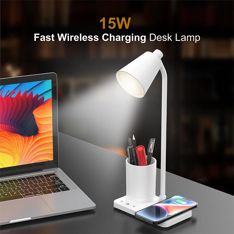 Lampe de bureau LED pliable avec porte-stylo, charge sans fil, contrôle tactile, étude, dortoir, veilleuse, lecture, 15W