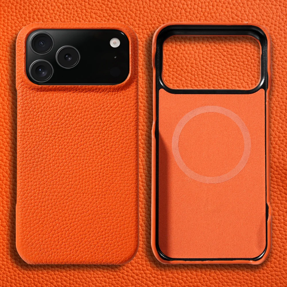 Etui z naturalnej skóry bydlęcej Lychee do iPhone'a 17 18 15 16 Pro Max z funkcją Magsafe, magnetyczny ochraniacz, luksusowa tylna obudowa telefonu. — zdjęcie produktu 7