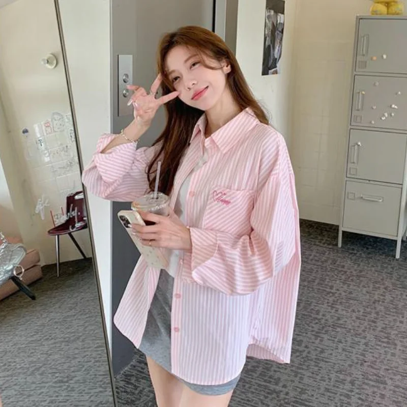 

Embroidered Striped Women's Casual Lightweight Cardigan Shirt Jacket Summer Sun Protection Loose Mid Length Versatile Thin