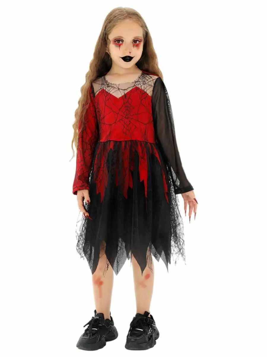 Nieuwe aankomst kinderprestatiekostuum heksenhoed gevouwen Halloween-outfit spinnenweb vleermuis gewaad polyester materiaal