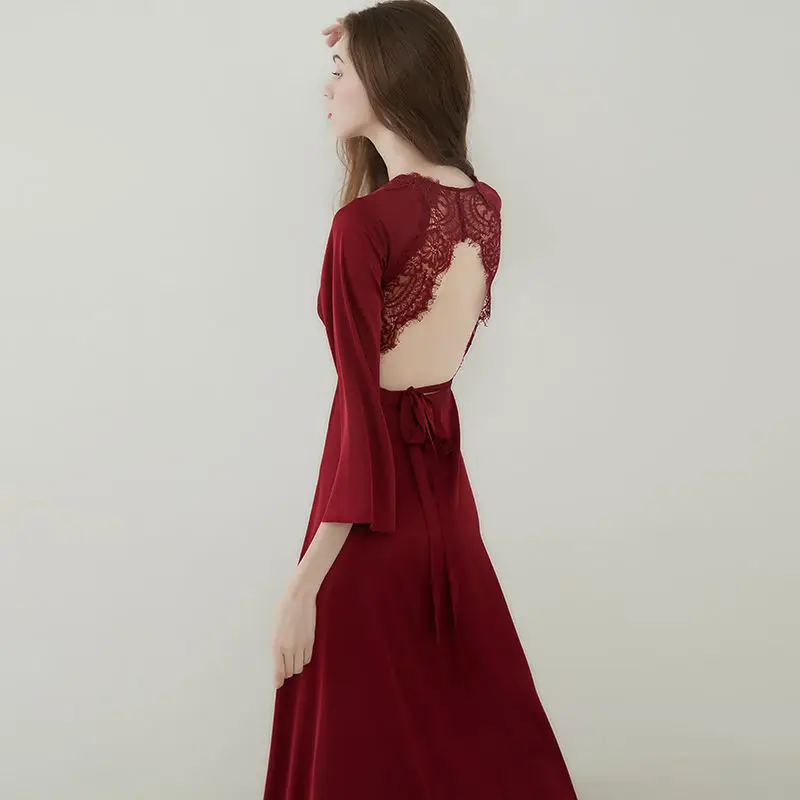 

Sexy Burgundy Satin Robe Gown Lingerie Backless Sleepwear Bridal Wedding Kimono Hollow Out Bathrobe Nightgown Nightwear