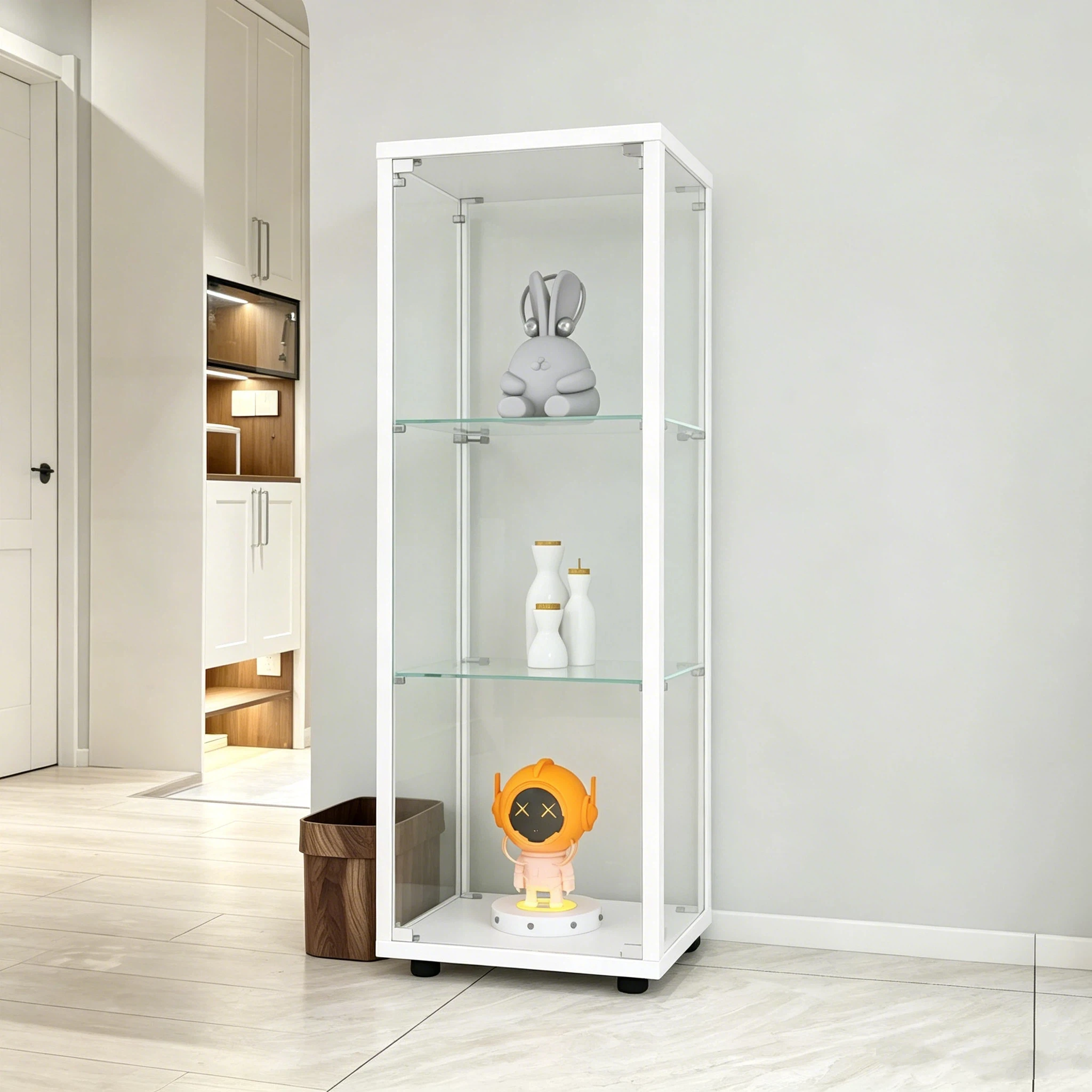 Vitrine en verre, armoire à curiosités à une seule porte et 3 niveaux en verre trempé, étagère anti-poussière blanche et noire, vitrine moderne pour objets de collection pour salon et magasin de détail