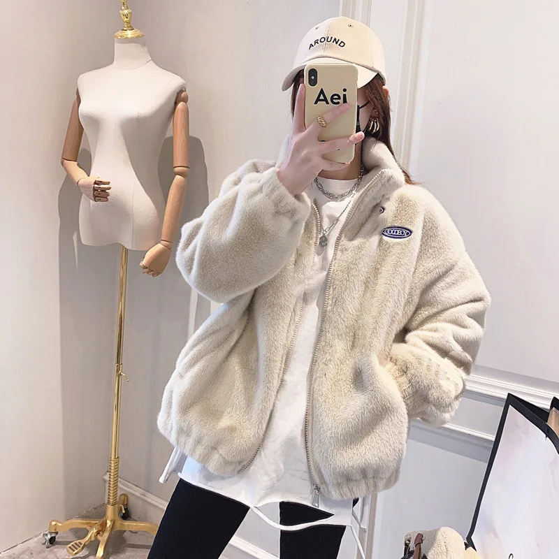 Women's Off-White pink Faux Fur Zip-Up Cropped Jacket Loose Warm Minimalist Casual Daily Winter pink Top 2026