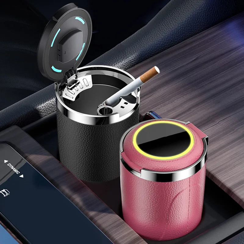 PU Leather Car Ashtray with Lid Smell Proof Stainless Steel Blue Led Portable Ashtray Cup for Auto Fireproof Shell