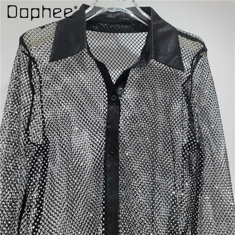 

Sexy Rhinestone Hollow Fashion Shiny Base Style Shirt Women Socialite Elegant Slim Rhinestone Round Neck Long Sleeve Top Trendy