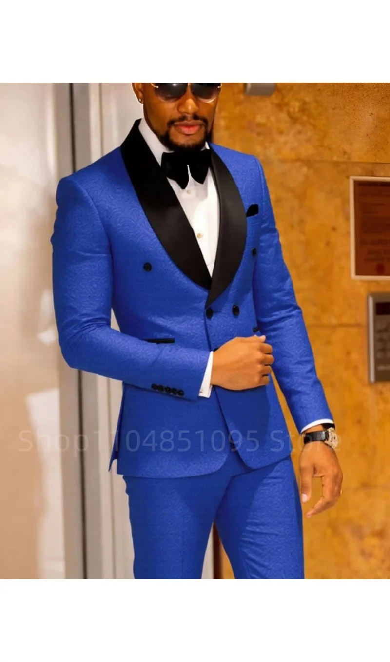 

Casual Royal Blue Jacquard Men Suits Double Breasted Shawl Lapel Blazer Elegant 2PCS Jacket Pants Wedding Party Prom Suits Set