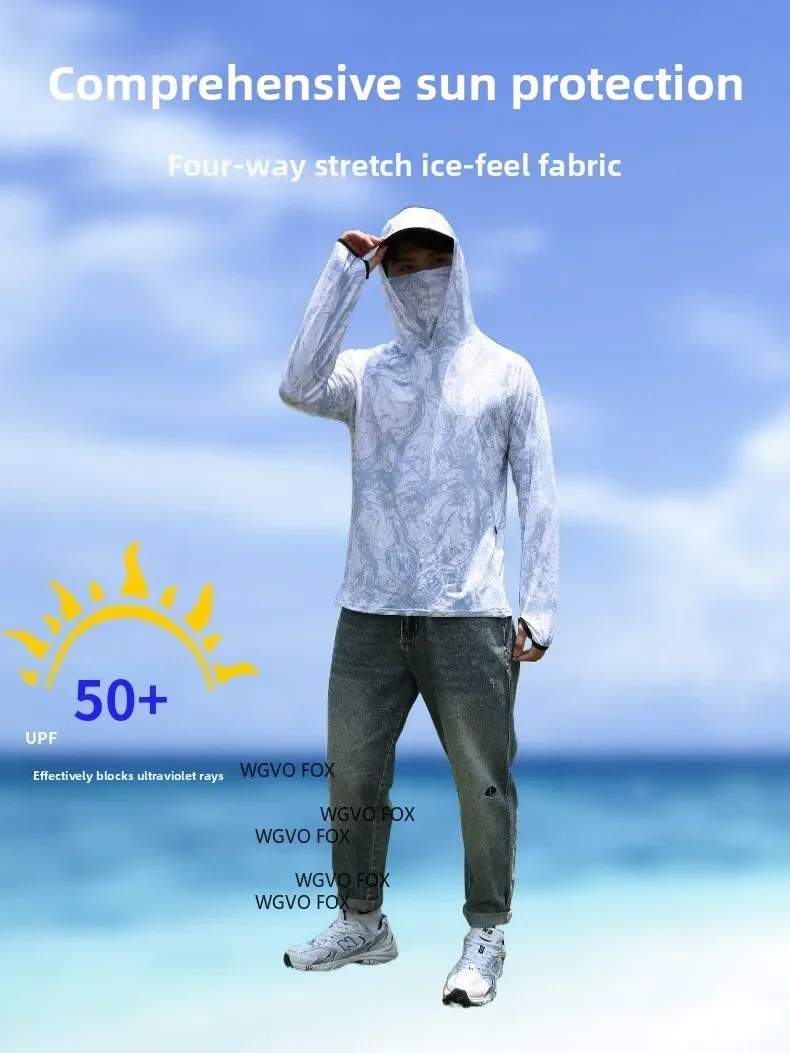 Unisex Pale Camo Print Fishing Hooded Shirt UPF50 Sun Guard Built-in Face Cover Polyester Ice Feel Quick Dry Sea Fishing Outfit