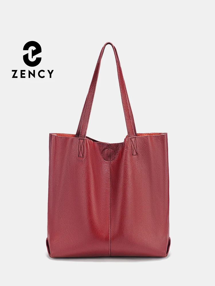

Zency Large Capacity New Year Women Handbag Real Leather Shoulder Bags Designer Cowhide Dark Red Bag Work Shopper