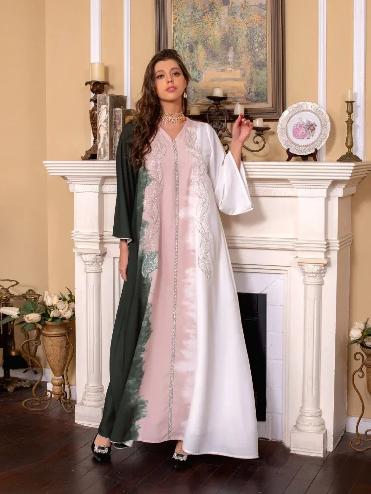 Eid Muslim Morocco Dress for Women Abaya Jalabiya Diamond V Neck Party Dresses Dubai Abayas Kaftan Islam Vestidos Arab Robe 2023