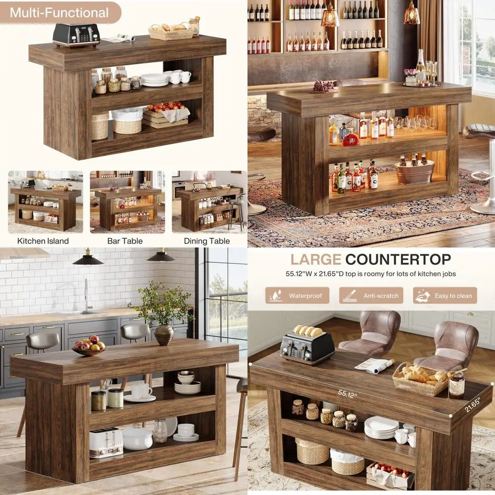 

Деревянный кухонный остров с 3 ярусами, 55 дюймов, с местом для хранения, большой столешницей, кофейным столиком для столовой и гостиной, коричневый