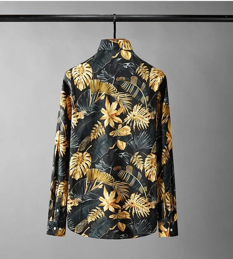 New Long Sleeve Male Shirts Luxury  Golden Leaves Printed Casual Party Mens Dress Shirts Fashion Slim Man Shirts Plus Size 4XL