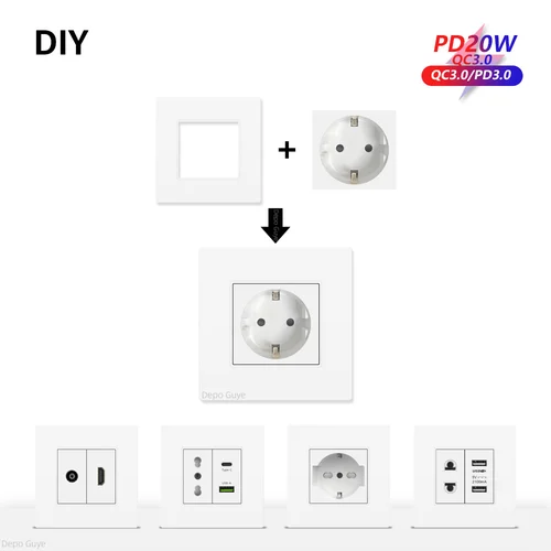 Panel de plástico con enchufe de pared UE, USB blanco tipo C, puerto de carga de 10W/20W, TV Rj45, función de interfaz satelital HDML, combinación DIY
