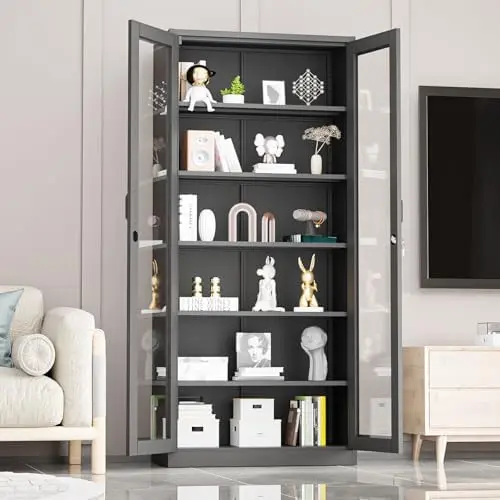 Lockable Display Cabinet with Glass Doors & 5 Adjustable Shelves, 71
