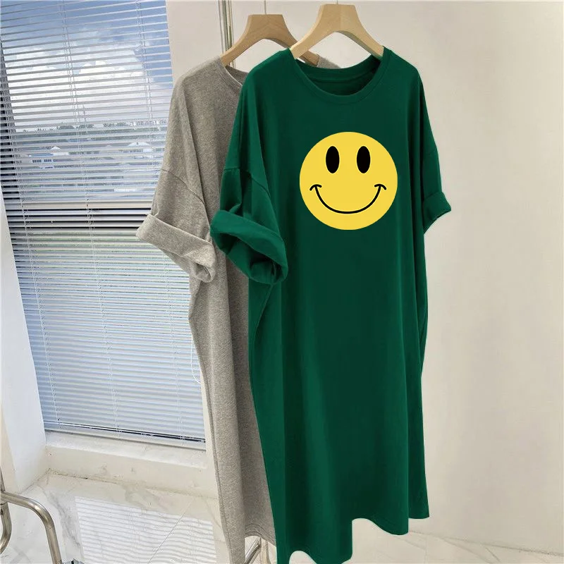 Women Clothing Vintage Short Sleeve Overknee Tunic, Loose Casual O-neck Pullovers Dress, Summer Cartoon Printed Straight Dresses