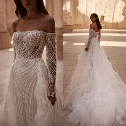 Luxury Pearls Wedding Dress Off Shoulder Bridal Gown Detachable Train Sequins Bride Dresses Backless Customized Vestido de novia
