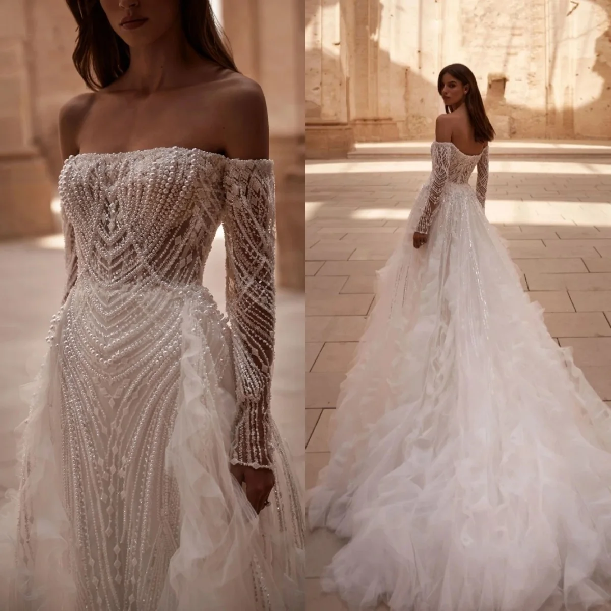 Luxury Pearls Wedding Dress Off Shoulder Bridal Gown Detachable Train Sequins Bride Dresses Backless Customized Vestido De Novia