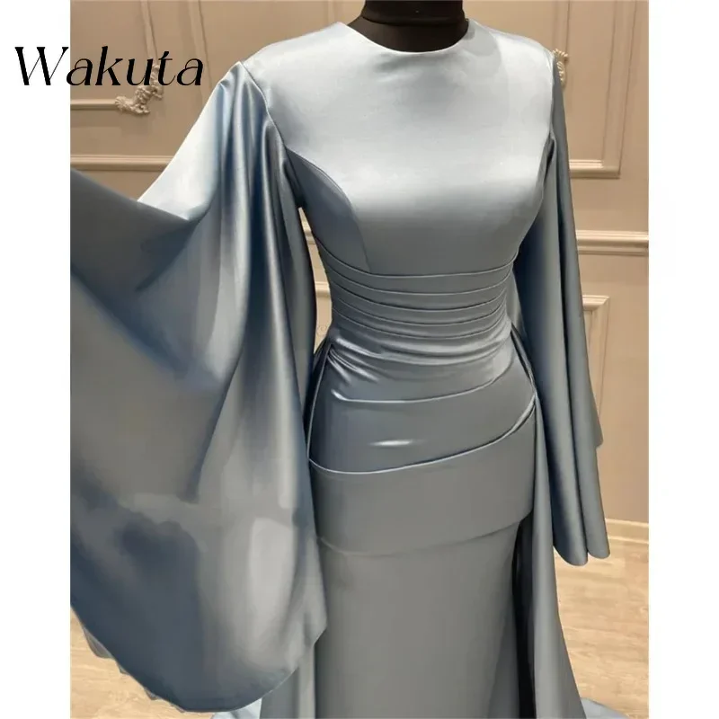 Wakuta-elegante vestido cetim gola redonda, manga comprida bola Robe, vestido sereia, vestido destacável, banquete formal