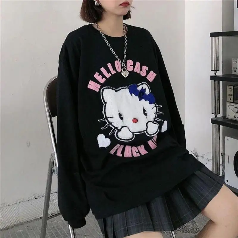 Anime Hello Kittys Long Sleeve Sweatshirt T-Shirt Spring Autumn Cartoon Loose Tops College Style Casual Versatile Bottom Shirt