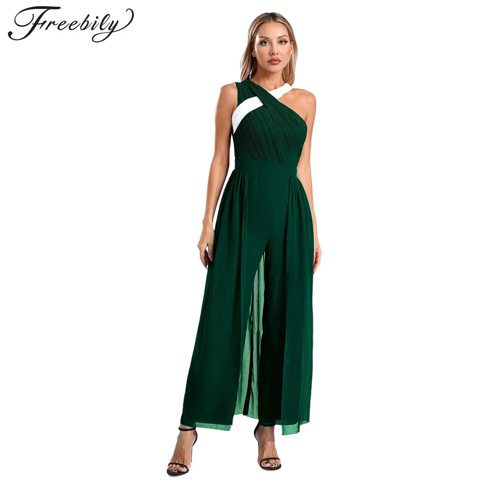 

Women Asymmetrical Ruched Straps Chic Jumpsuits Office Lady Wide Leg Pants Jumpsuit for Evening Party Cocktails Commute Trousers