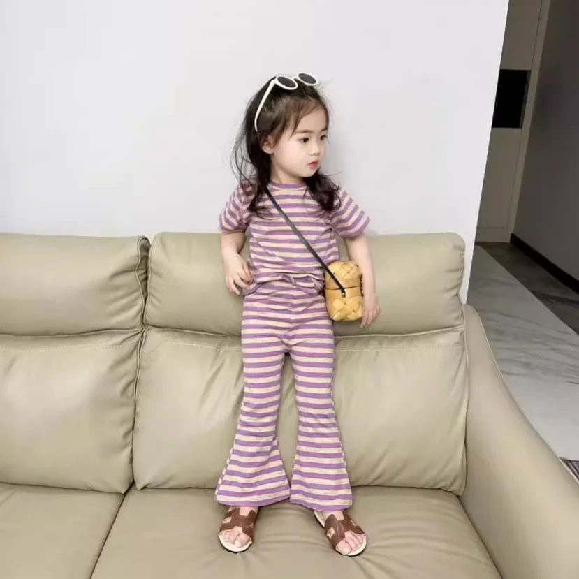 

Striped Suit Girls Children 2024 New Spring and Summer Clothes Short Sleeve Suit Female Treasure Horn Elastic Two-piece Set