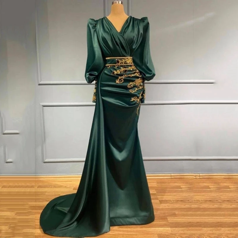 Grün frauen Elegante V-ausschnitt Abendkleid Satin Plissee Meerjungfrau Spitze Applique Lange-Sleeve Formale Prom Kleid Strand Party robe De