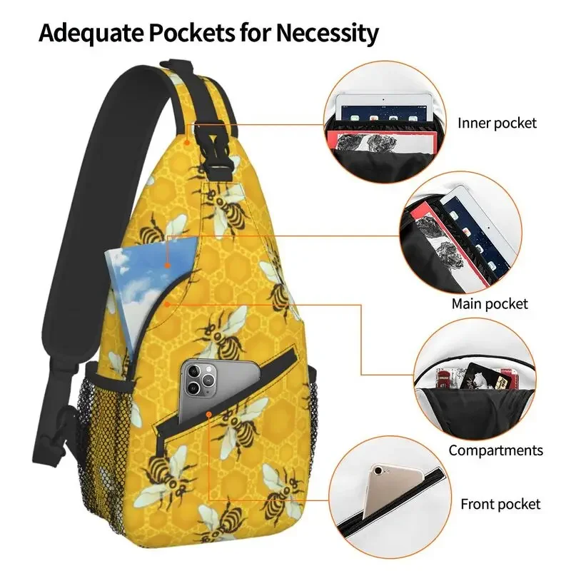 Casual Honeybees Honeycomb Bee Apiary Pattern Sling Crossbody Backpack Men Insect Shoulder Chest Bags for Camping Biking