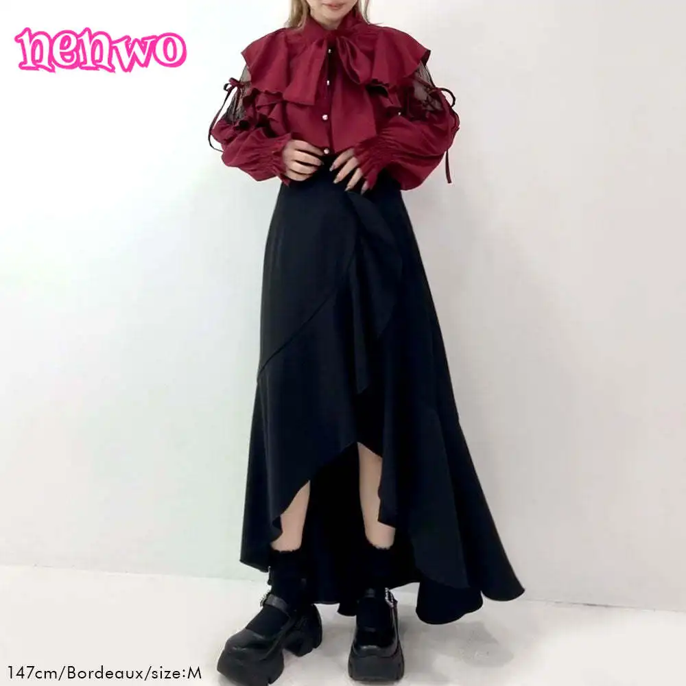 Rojita – chemisier japonais à manches longues, couleur unie, épissure de dentelle, bord à volants, chemises à bretelles, grand nœud, chemisier blanc