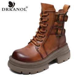 DRKANOL Women Mid Calf Boots 2024 Autumn Winter Warm Genuine Leather Thick High Heel Platform Wide Head Lace-Up Retro Boots