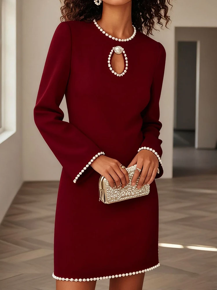 Chique mini-jurk met lange mouwen, dames lente herfst O-hals eenvoudige feestjurk, 2026 effen patchwork zoete damesjurk