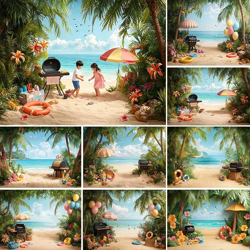 

LS Summer Photography Background Hawaiian Beach Blue Sky White Clouds Palm Tree Decor Kids Adult Portrait Backdrop Photo Studio