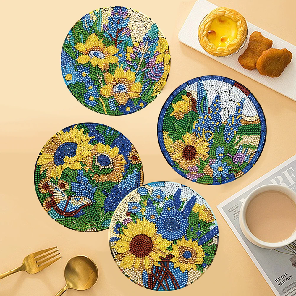 4PCS Kitchen Dish Mat Graceful Butterfly Wooden Round Placemat Disneyland Cartoon Diamond Painted Placemats Tableware Mat Datura