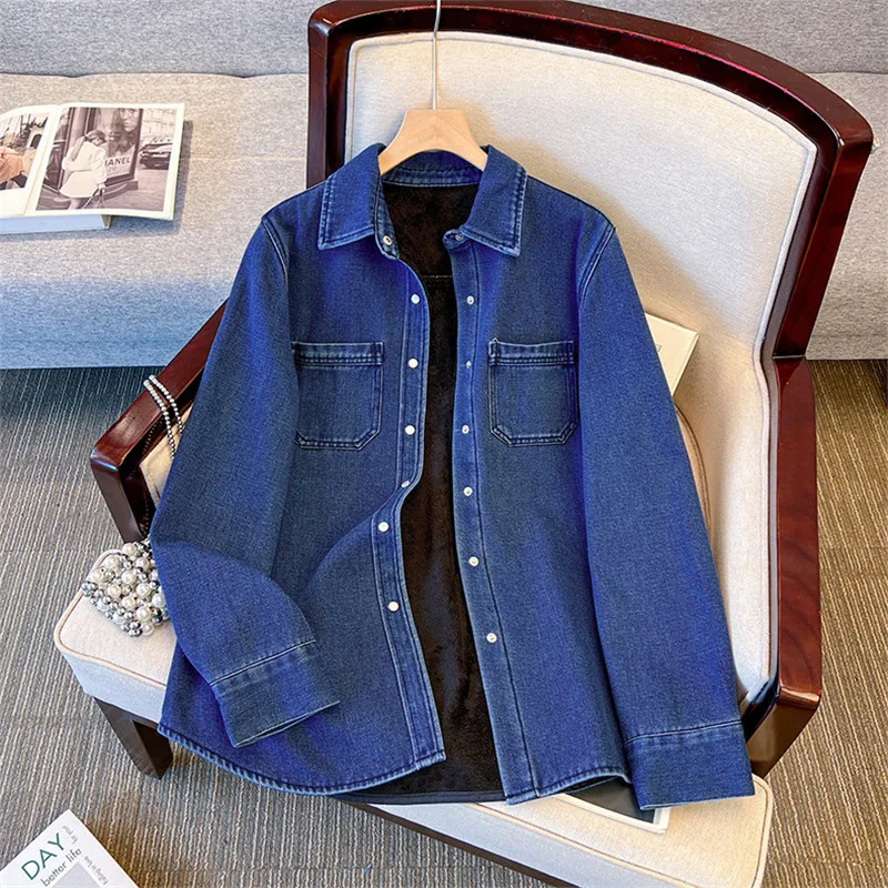 

Mid-Length Vintage Washed Blue Denim Shirt Jacket Autumn Winter New Women Casual Lapel Single-Breasted Long Sleeve Jeans Jacket