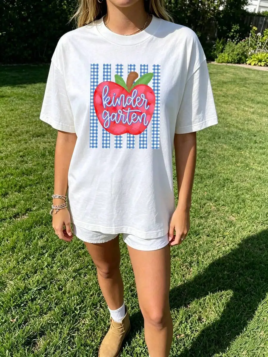 Kindergarten Teacher Apple Graphic Tee Back To School Pre-K Educator Gingham Print Casual Short Sleeve T-Shirt Women