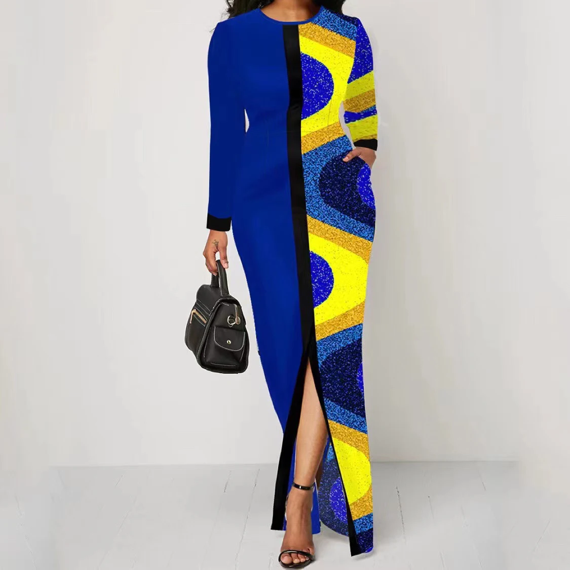 Slim Fit Long Sve Long Dr with Slit Print Splicing A-Line Knitted Dr for Women Spring Season Commute Sle round Ne